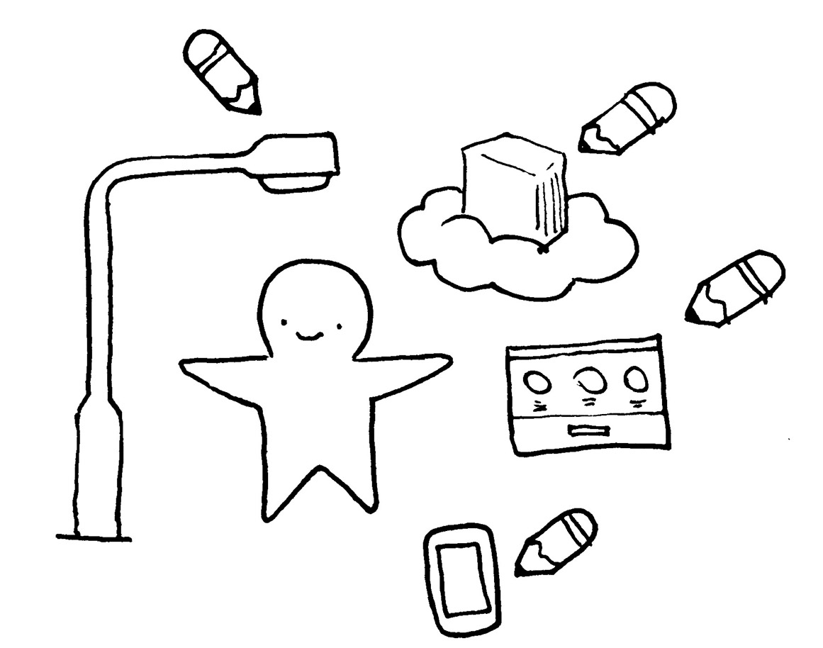 Drawing of digital system elements being drawn around a human figure