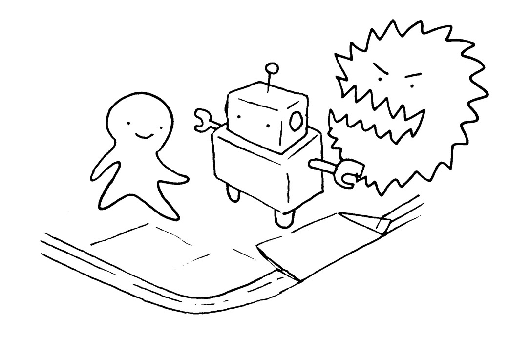 Drawing of a robot protecting a person from a monster